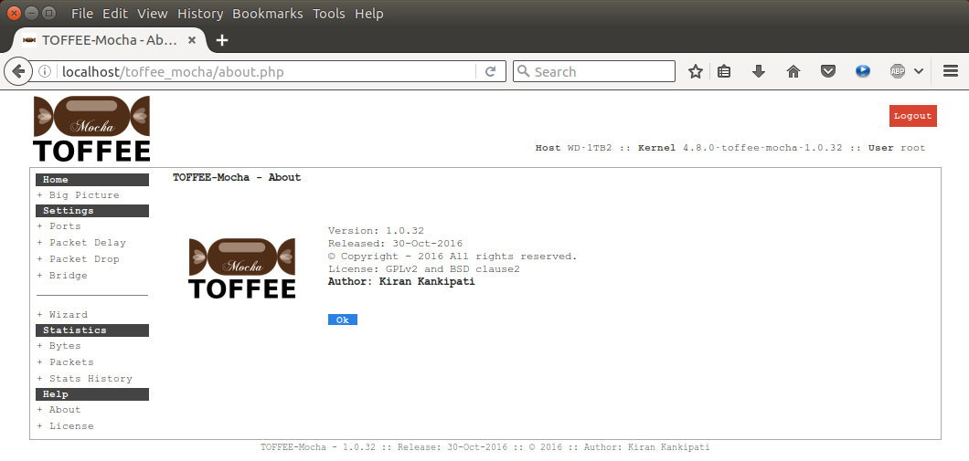 15 TOFFEE-Mocha-1.0.32-1-x86_64 WAN Emulator About page